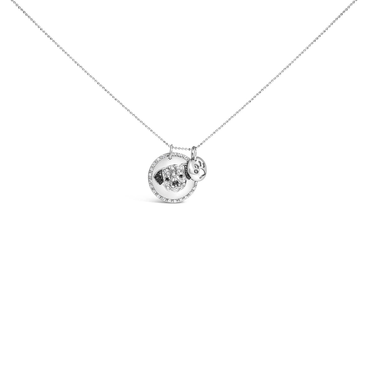 .925 Sterling Silver 1/4 Cttw White and Black Diamond Pitbull Dog Medallion and Charm 18&quot; Pendant Necklace (I-J Color, I2-I3 Clarity)