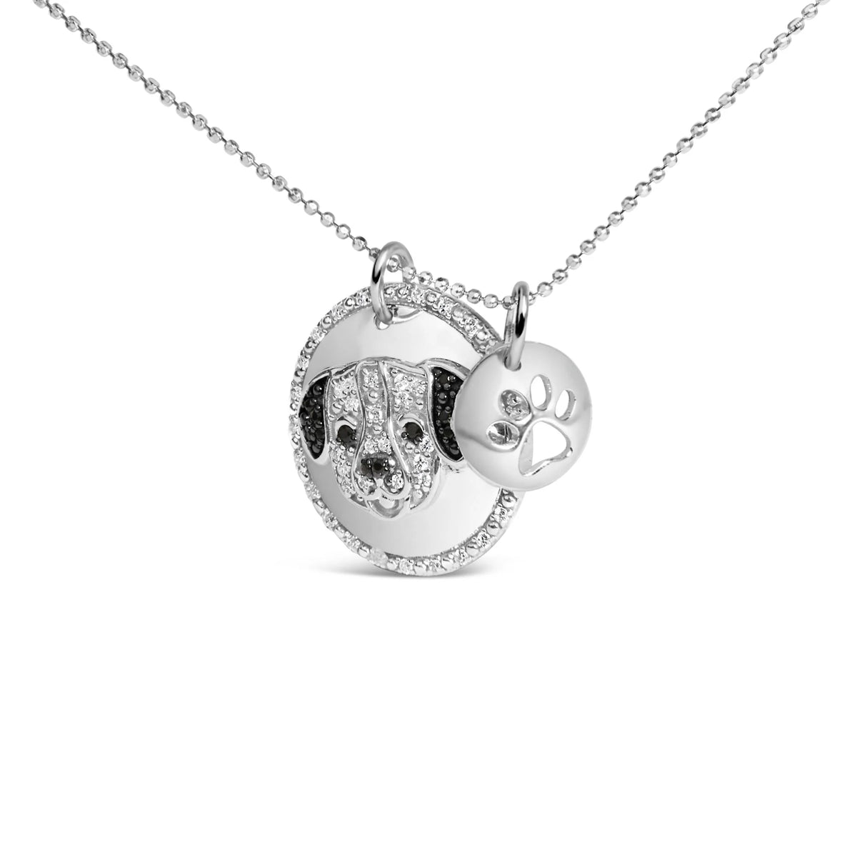 .925 Sterling Silver 1/4 Cttw White and Black Diamond Pitbull Dog Medallion and Charm 18&quot; Pendant Necklace (I-J Color, I2-I3 Clarity)