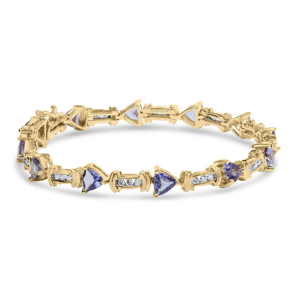 14K Yellow Gold 4x3 Trillion Cut Purple Tanzanite and Diamond Link Bracelet (H-I Color, SI2-I1 Clarity) - 7&quot; Inches