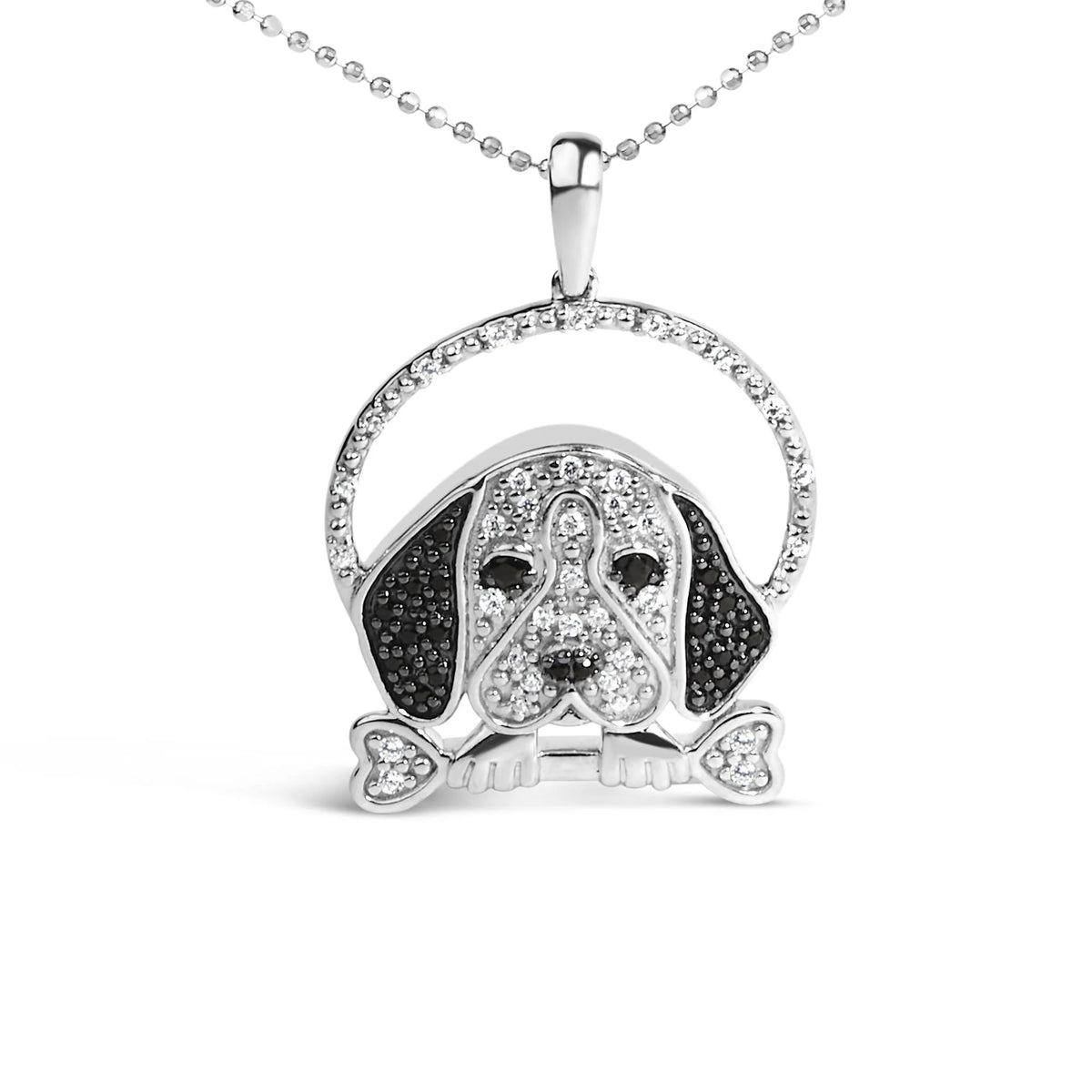 .925 Sterling Silver 1/4 Cttw White and Black Diamond Beagle Dog and Bone Pendant Necklace (I-J Color, I2-I3 Clarity) - 18&quot; Inches