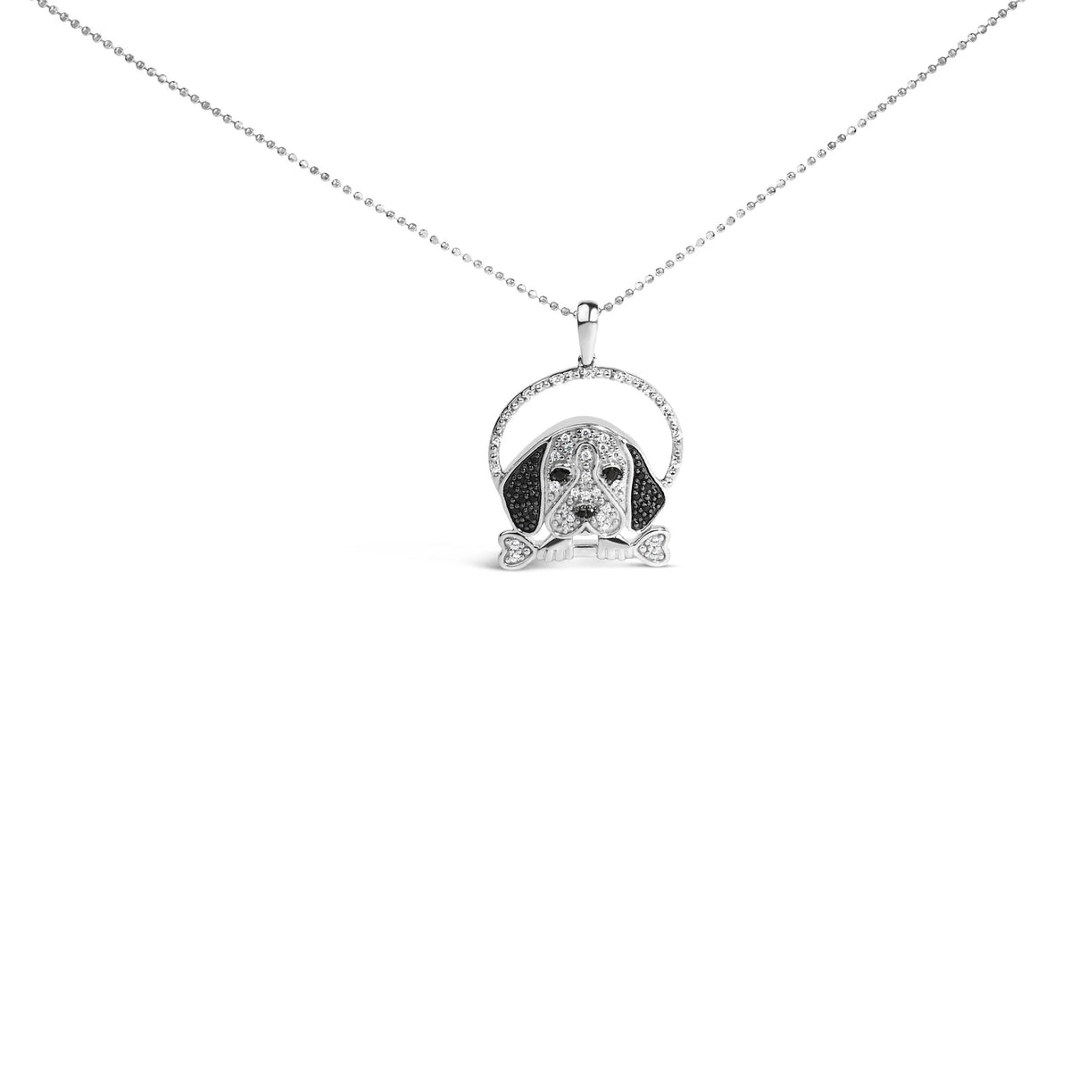 .925 Sterling Silver 1/4 Cttw White and Black Diamond Beagle Dog and Bone Pendant Necklace (I-J Color, I2-I3 Clarity) - 18&quot; Inches