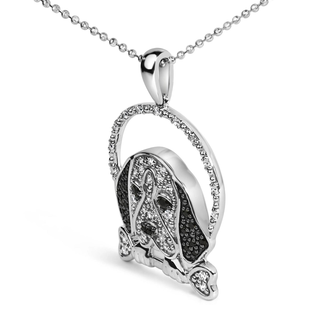 .925 Sterling Silver 1/4 Cttw White and Black Diamond Beagle Dog and Bone Pendant Necklace (I-J Color, I2-I3 Clarity) - 18&quot; Inches