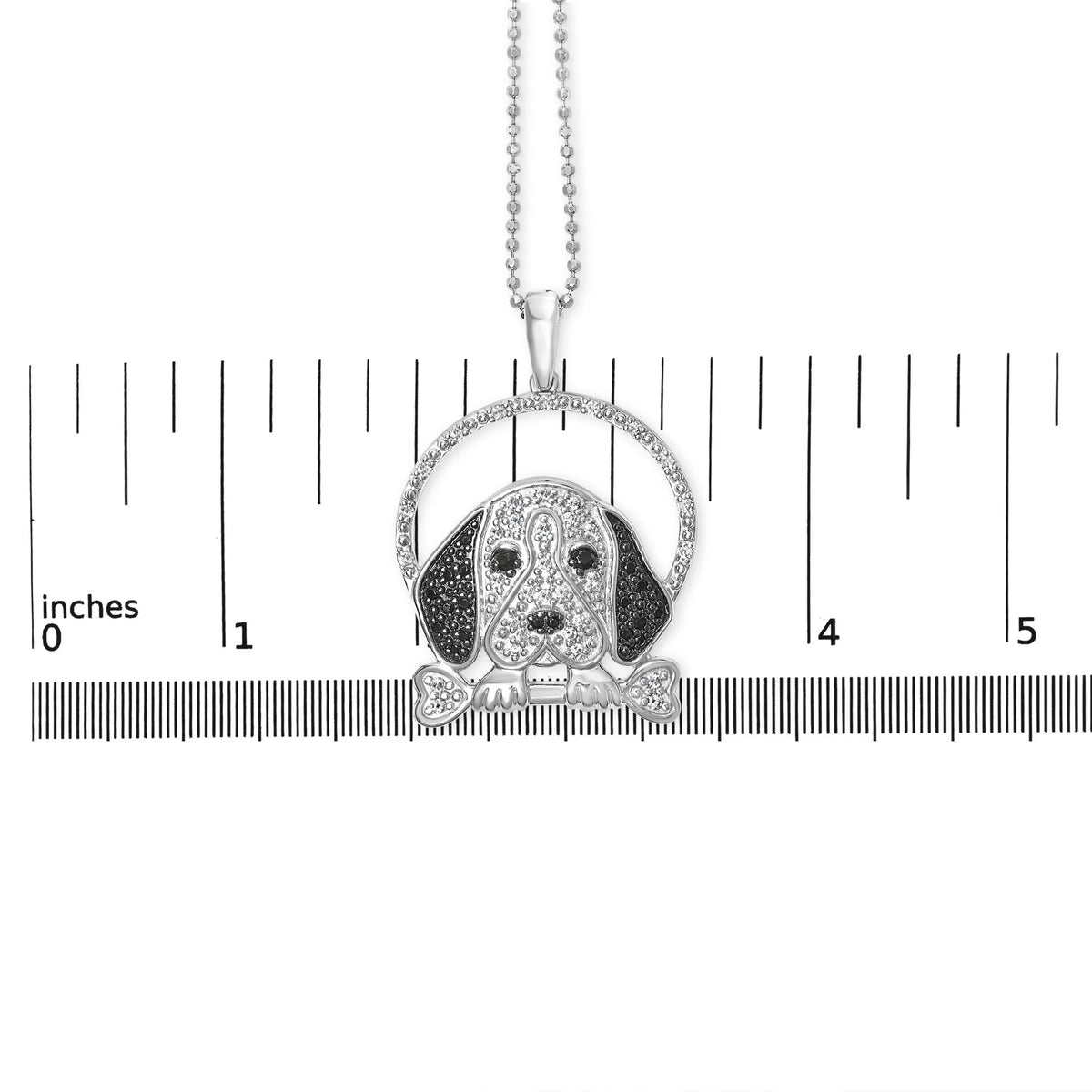 .925 Sterling Silver 1/4 Cttw White and Black Diamond Beagle Dog and Bone Pendant Necklace (I-J Color, I2-I3 Clarity) - 18&quot; Inches