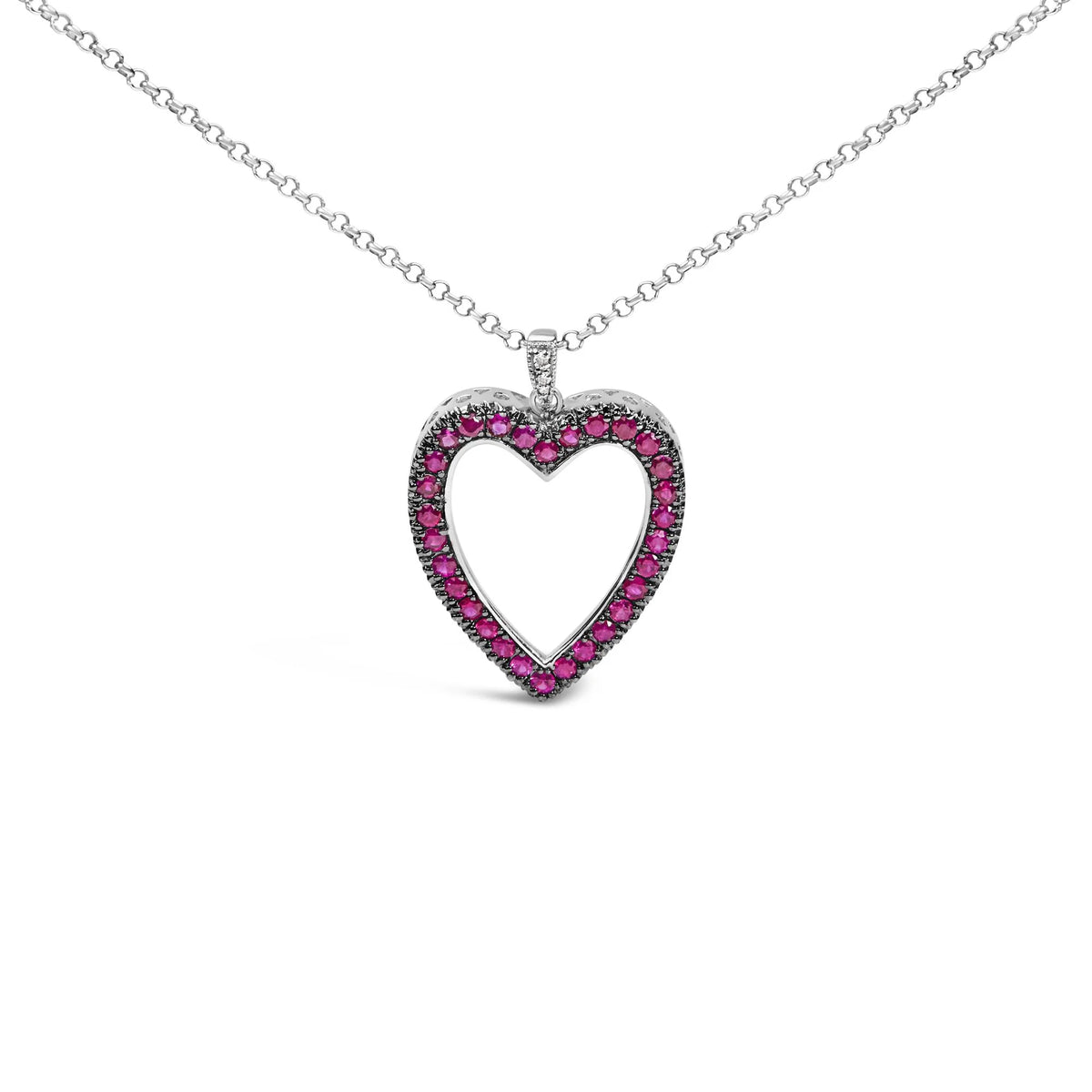 18K 1/3 Cttw Diamond and Red Ruby Open Heart with Black Rhodium 18&quot; Pendant Necklace (G-H Color, VS2-SI1 Clarity)