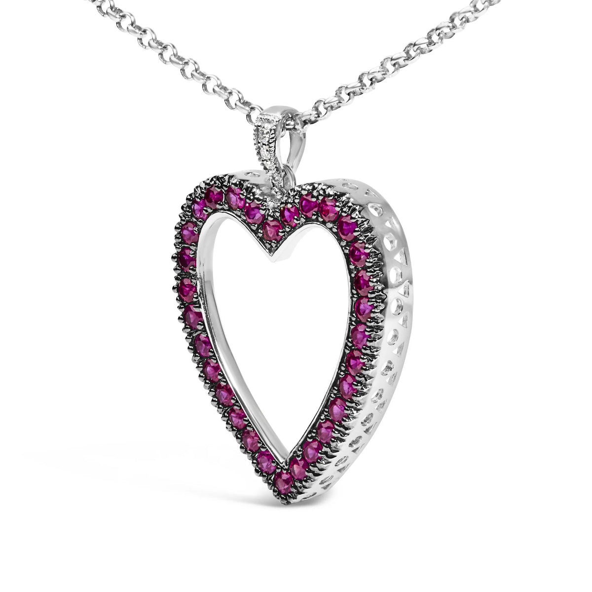 18K 1/3 Cttw Diamond and Red Ruby Open Heart with Black Rhodium 18&quot; Pendant Necklace (G-H Color, VS2-SI1 Clarity)