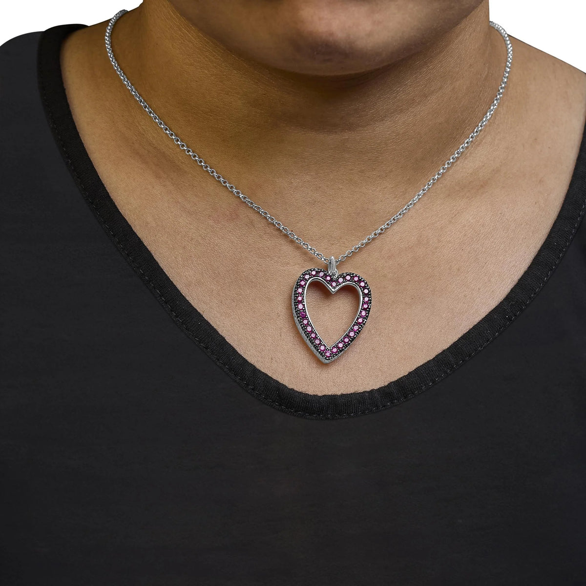 18K 1/3 Cttw Diamond and Red Ruby Open Heart with Black Rhodium 18&quot; Pendant Necklace (G-H Color, VS2-SI1 Clarity)