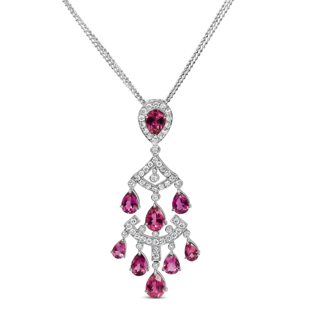 18K White Gold 1 1/10 Cttw Diamond and Pink Tourmaline Double-Strand Art Deco Inspired Chandelier 18&quot; Pendant Necklace (F-G Color, VVS2-VS1 Clarity)