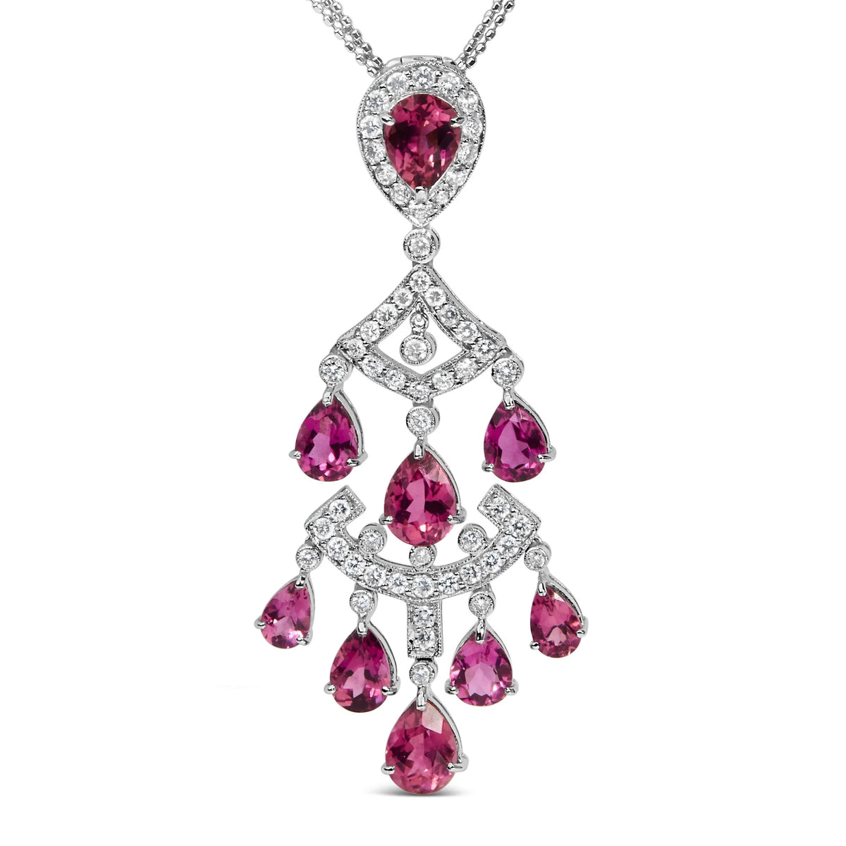 18K White Gold 1 1/10 Cttw Diamond and Pink Tourmaline Double-Strand Art Deco Inspired Chandelier 18&quot; Pendant Necklace (F-G Color, VVS2-VS1 Clarity)