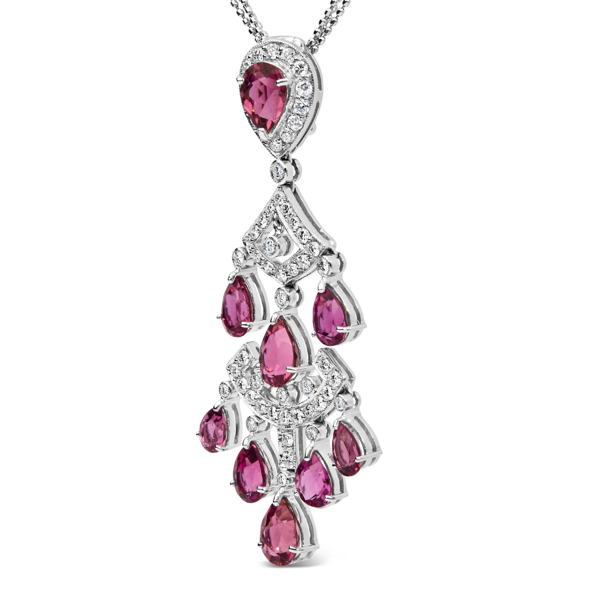 18K White Gold 1 1/10 Cttw Diamond and Pink Tourmaline Double-Strand Art Deco Inspired Chandelier 18&quot; Pendant Necklace (F-G Color, VVS2-VS1 Clarity)