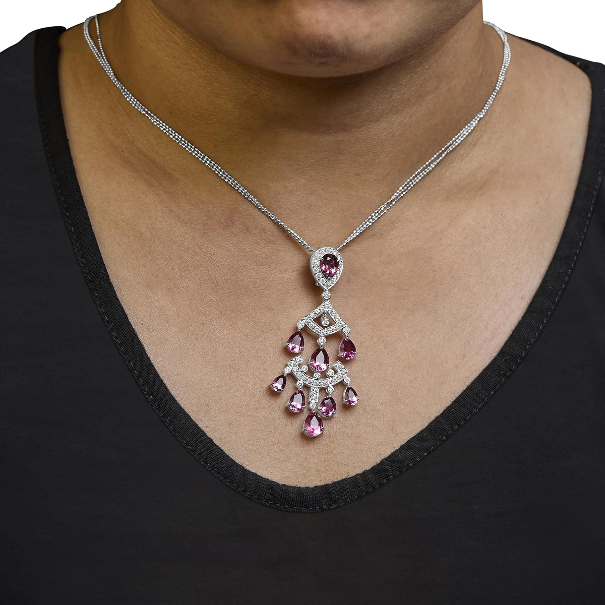 18K White Gold 1 1/10 Cttw Diamond and Pink Tourmaline Double-Strand Art Deco Inspired Chandelier 18&quot; Pendant Necklace (F-G Color, VVS2-VS1 Clarity)