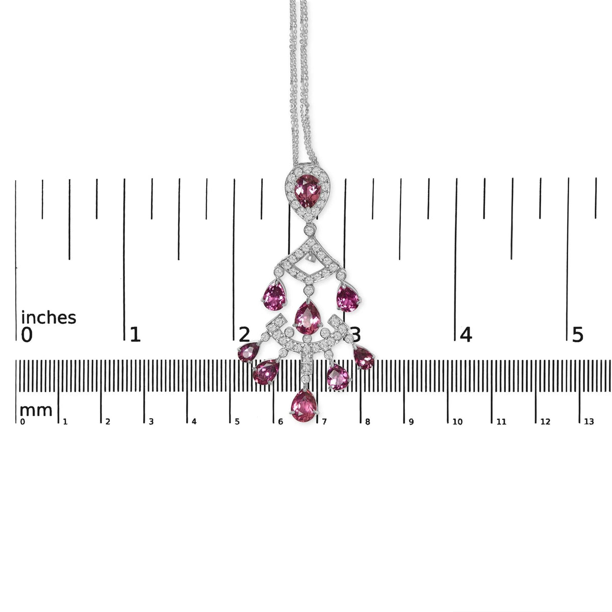 18K White Gold 1 1/10 Cttw Diamond and Pink Tourmaline Double-Strand Art Deco Inspired Chandelier 18&quot; Pendant Necklace (F-G Color, VVS2-VS1 Clarity)