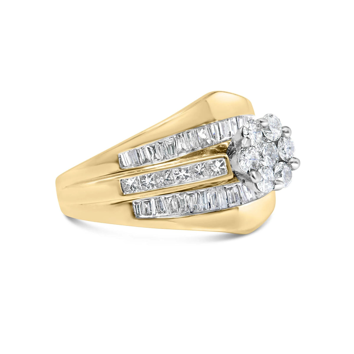 14K Yellow Gold 2-1/3 Cttw Diamond Cluster Channel Set Chevron Shaped Engagement Ring