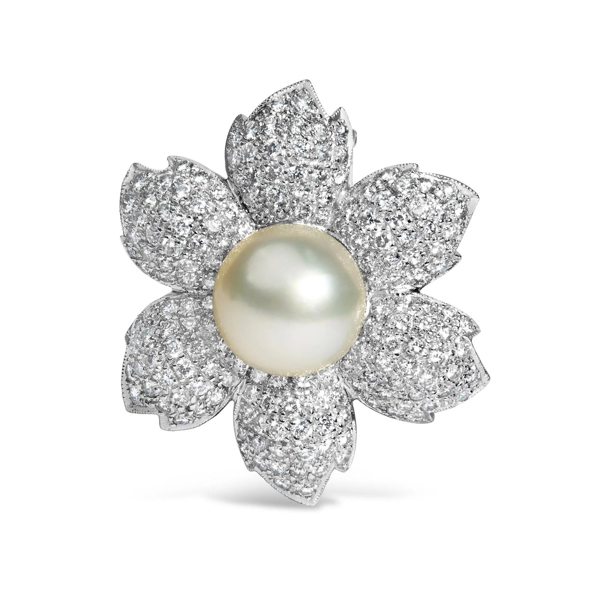 18K 2 3/4 Cttw Diamond and 12.5 MM Cultured Freshwater Pearl Floral Brooch Pin (G-H Color, VS1-VS2 Clarity)