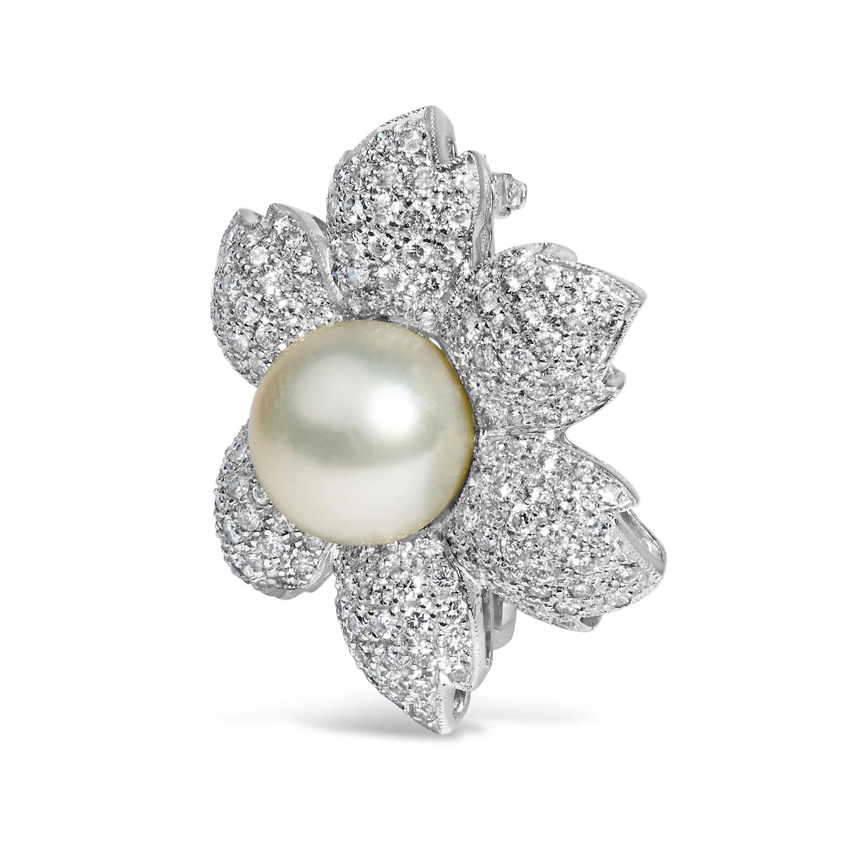 18K 2 3/4 Cttw Diamond and 12.5 MM Cultured Freshwater Pearl Floral Brooch Pin (G-H Color, VS1-VS2 Clarity)