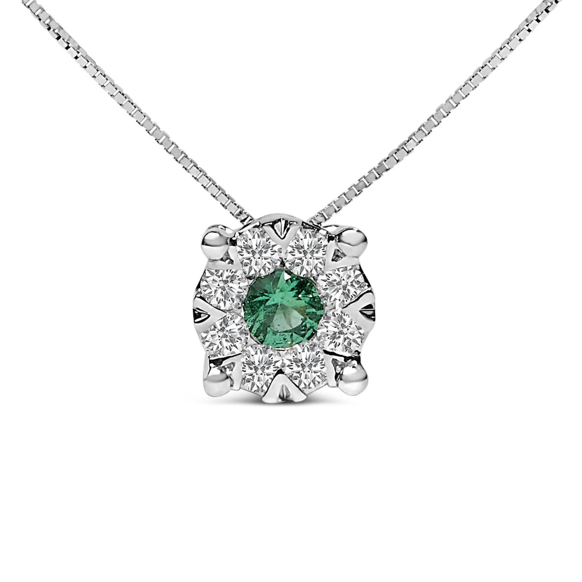 14K White Gold 3.8 MM Green Emerald and 1/3 Cttw Diamond Composite Halo 18&quot; Pendant Necklace (F-G Color, VS2-SI1 Clarity)