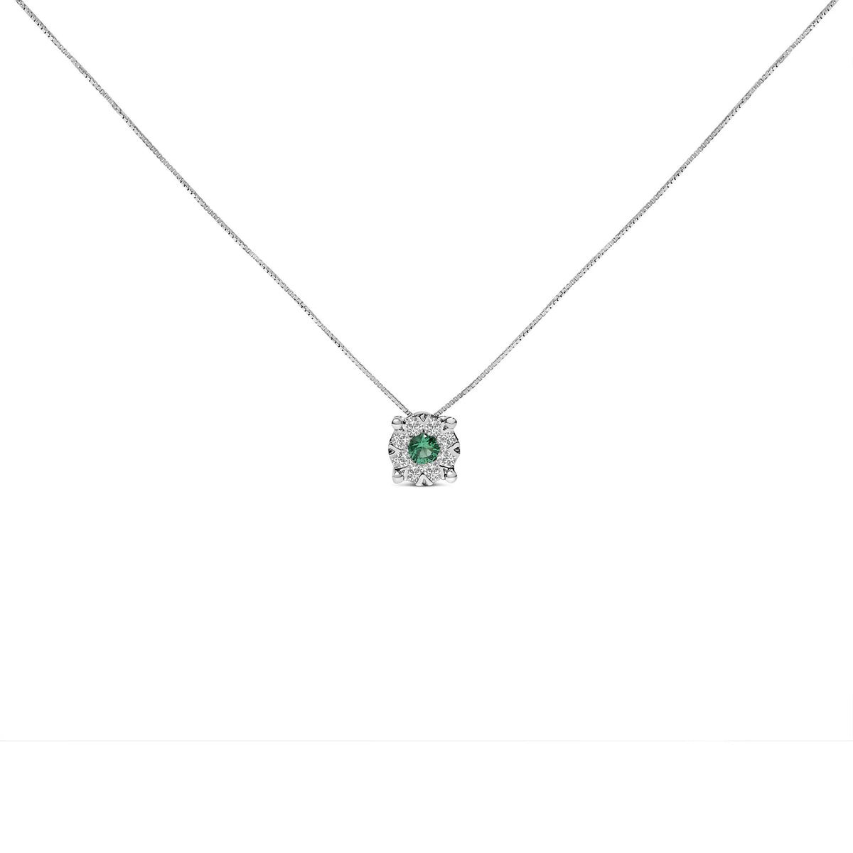 14K White Gold 3.8 MM Green Emerald and 1/3 Cttw Diamond Composite Halo 18&quot; Pendant Necklace (F-G Color, VS2-SI1 Clarity)