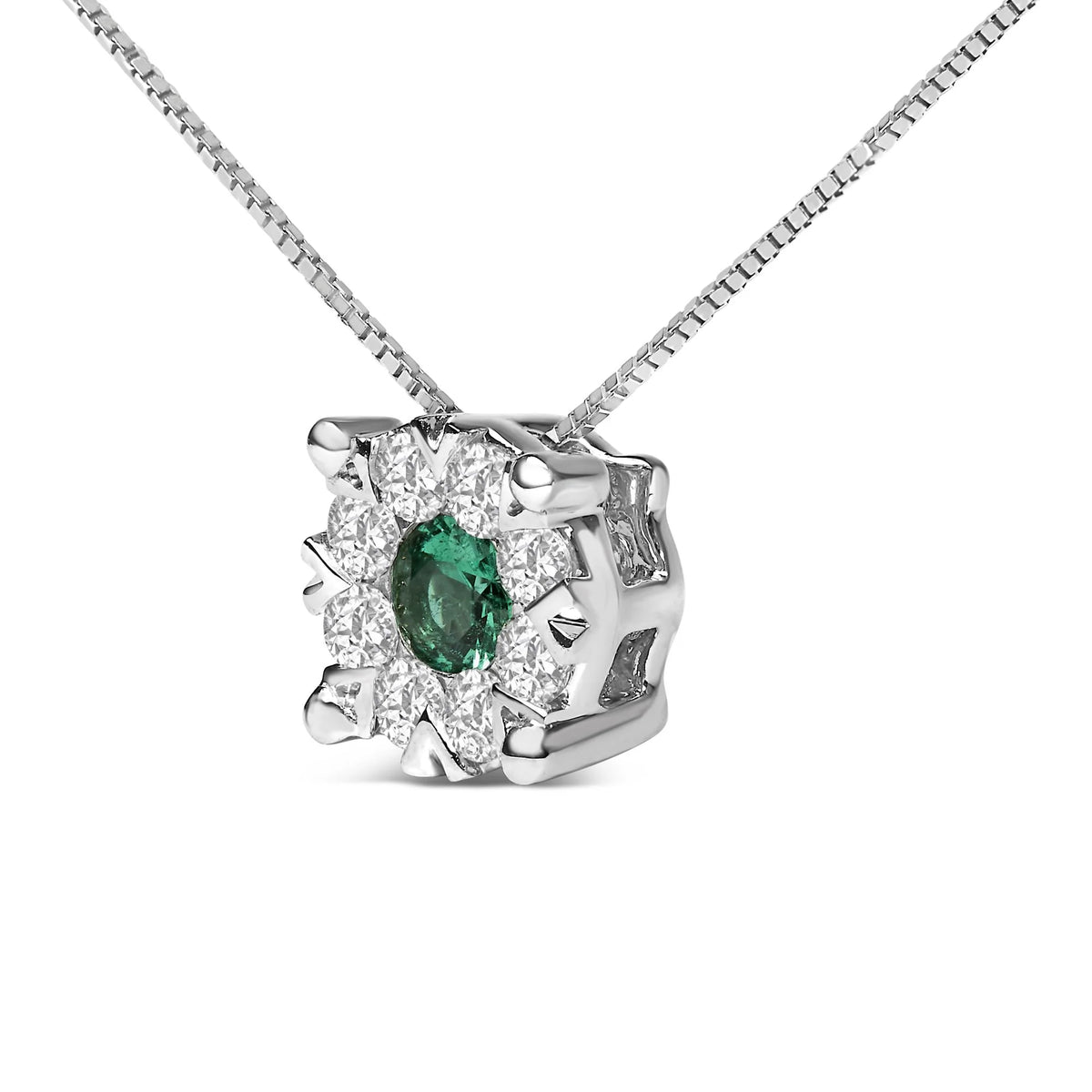 14K White Gold 3.8 MM Green Emerald and 1/3 Cttw Diamond Composite Halo 18&quot; Pendant Necklace (F-G Color, VS2-SI1 Clarity)