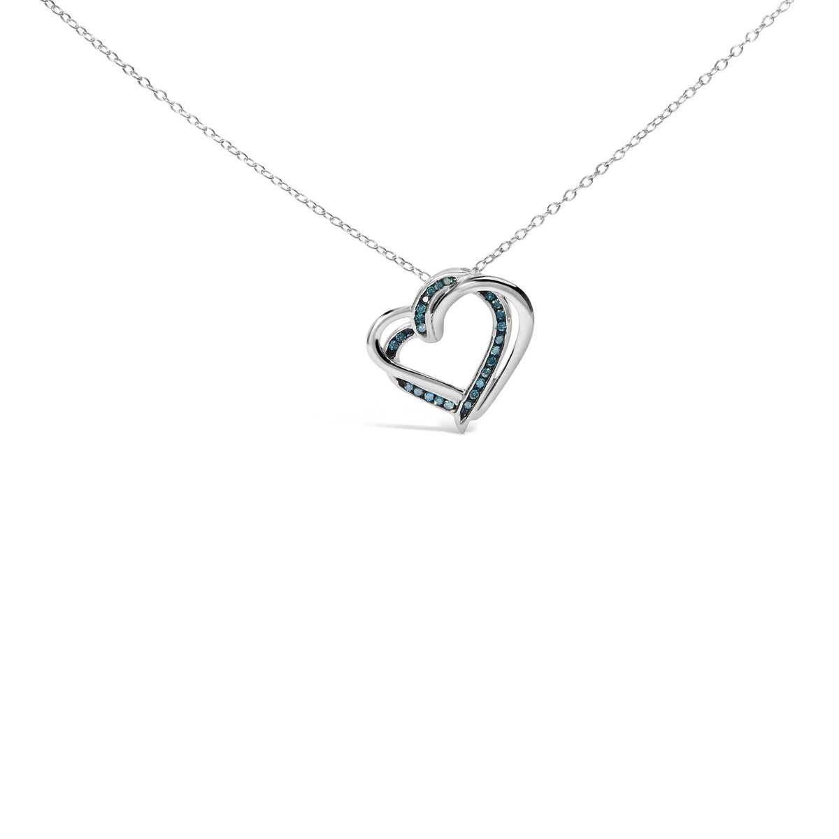 925 Sterling Silver 1/10 Cttw Treated Blue Diamond Double Heart 18&quot; Pendant Necklace (Blue Color, I2-I3 Clarity)