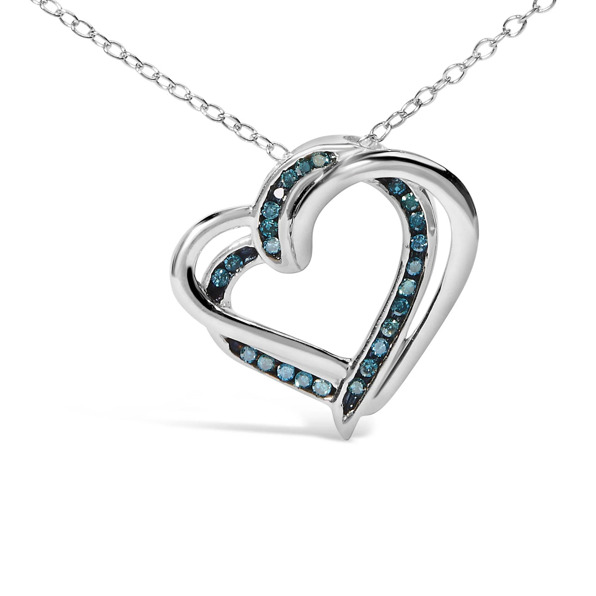 925 Sterling Silver 1/10 Cttw Treated Blue Diamond Double Heart 18&quot; Pendant Necklace (Blue Color, I2-I3 Clarity)