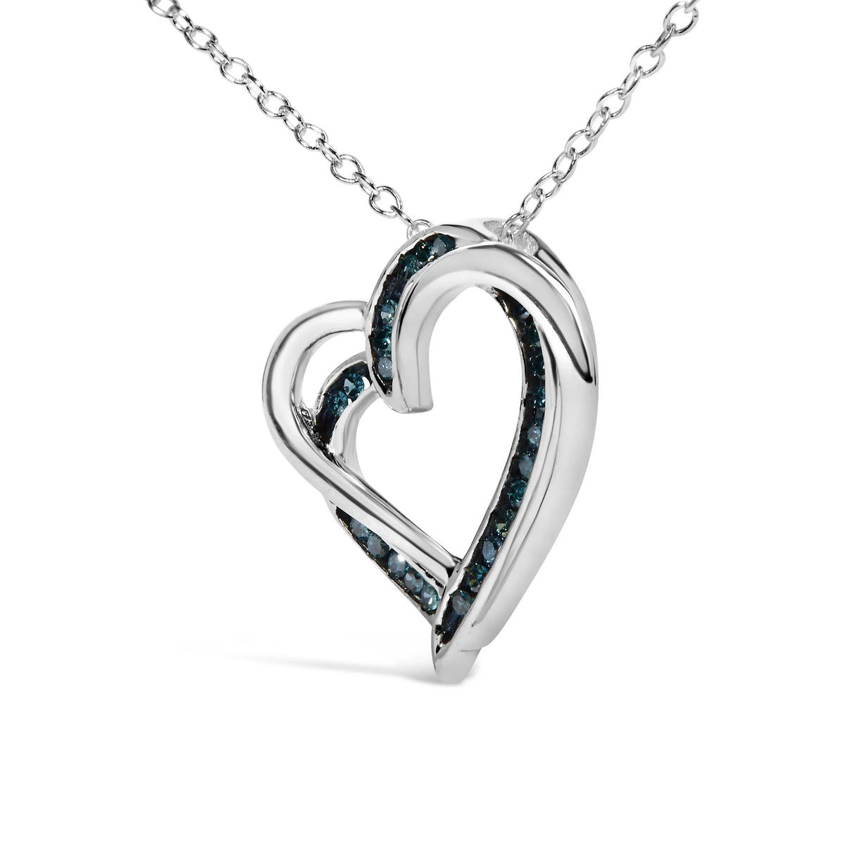 925 Sterling Silver 1/10 Cttw Treated Blue Diamond Double Heart 18&quot; Pendant Necklace (Blue Color, I2-I3 Clarity)