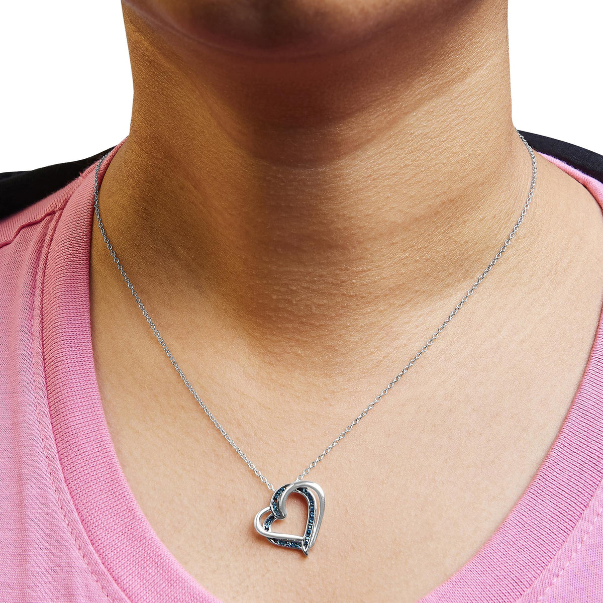 925 Sterling Silver 1/10 Cttw Treated Blue Diamond Double Heart 18&quot; Pendant Necklace (Blue Color, I2-I3 Clarity)