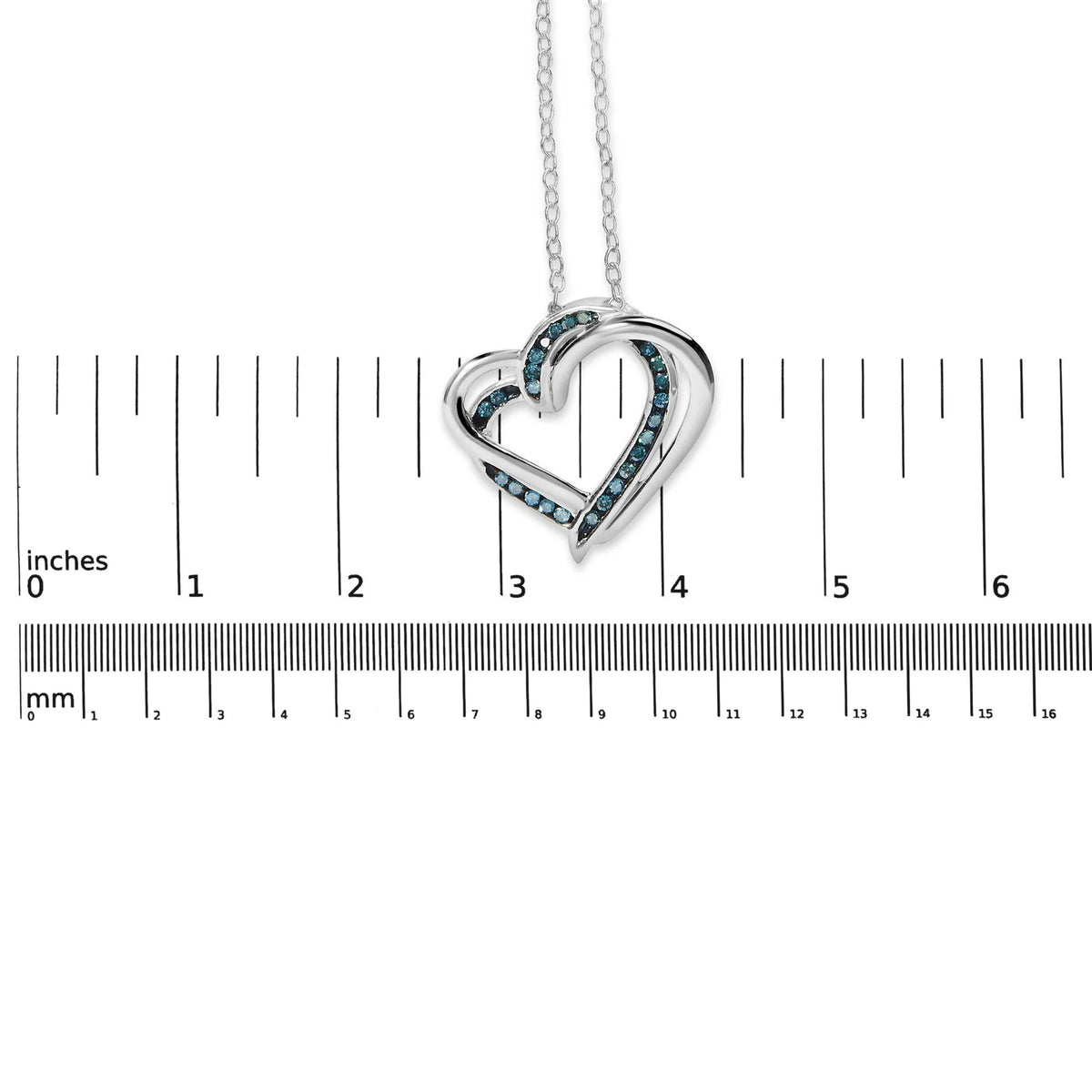 925 Sterling Silver 1/10 Cttw Treated Blue Diamond Double Heart 18&quot; Pendant Necklace (Blue Color, I2-I3 Clarity)