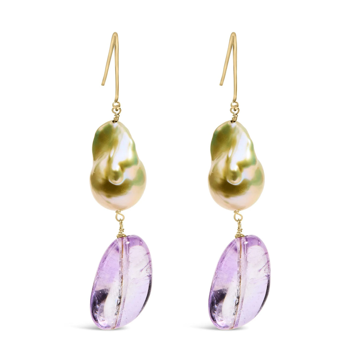 14K Yellow Gold Amethyst and Baroque Pearl Drop and Dangle Earrings 2&quot; Inch Dangle Length