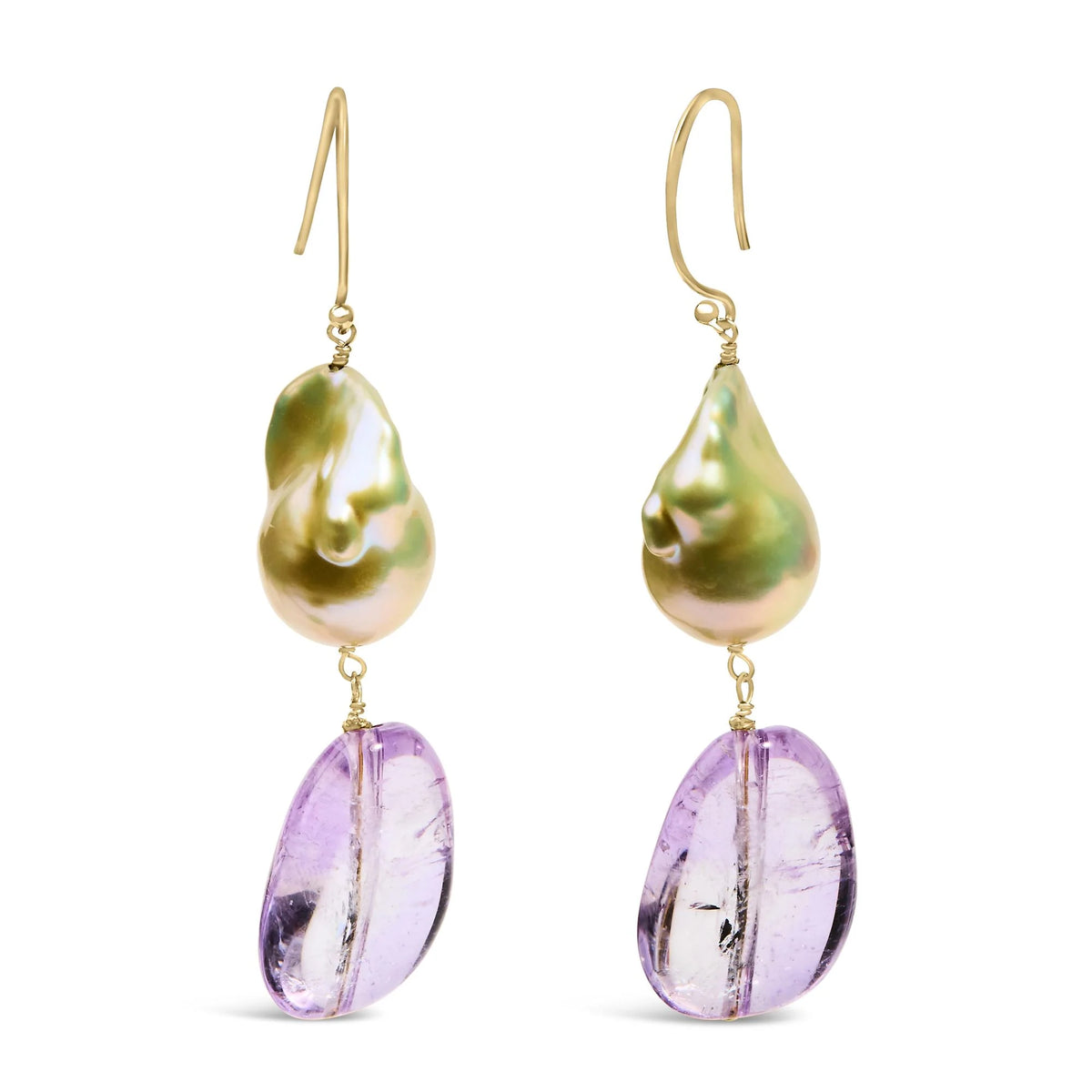 14K Yellow Gold Amethyst and Baroque Pearl Drop and Dangle Earrings 2&quot; Inch Dangle Length