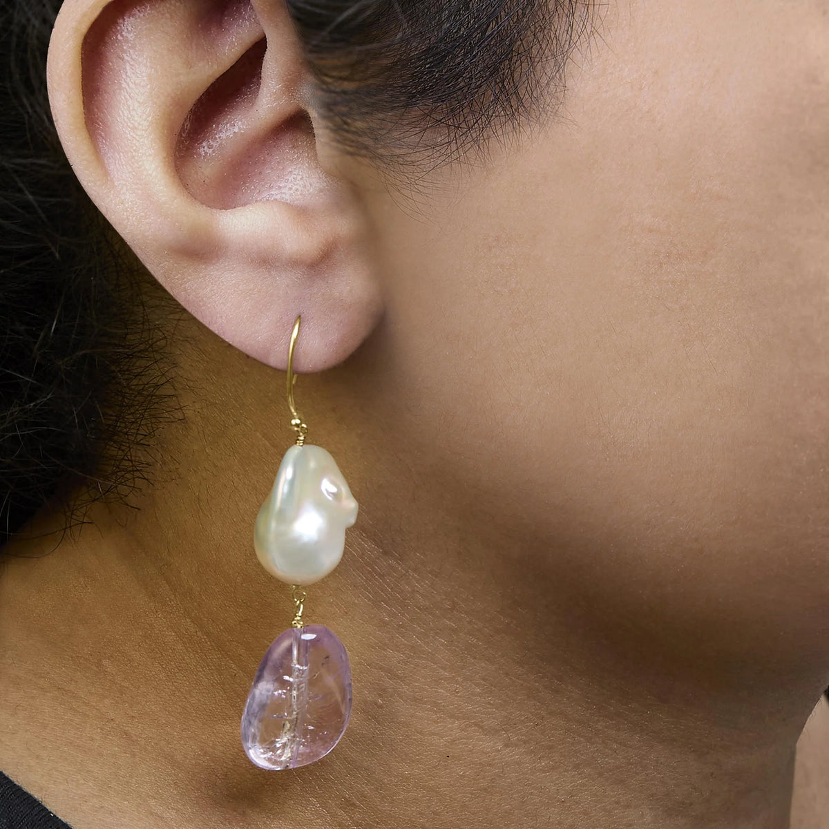 14K Yellow Gold Amethyst and Baroque Pearl Drop and Dangle Earrings 2&quot; Inch Dangle Length