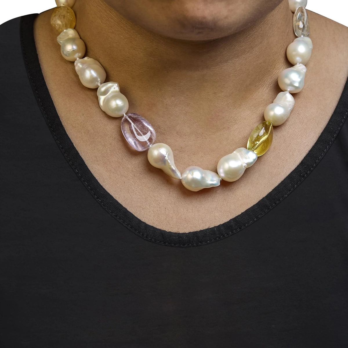 14K Yellow Citrine, Amethyst, and Baroque Pearl Strand Necklace - 18&quot; Inches