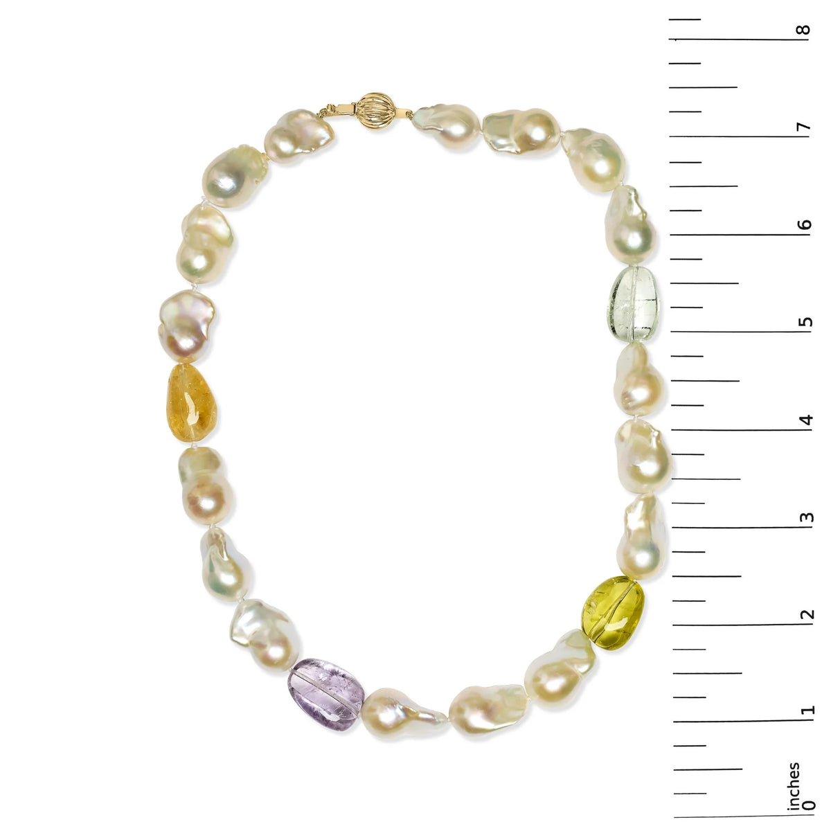 14K Yellow Citrine, Amethyst, and Baroque Pearl Strand Necklace - 18&quot; Inches