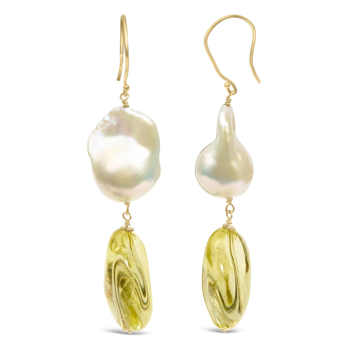 14K Yellow Gold Citrine and Baroque Pearl Drop and Dangle Earrings 1 3/4 Inch Dangle