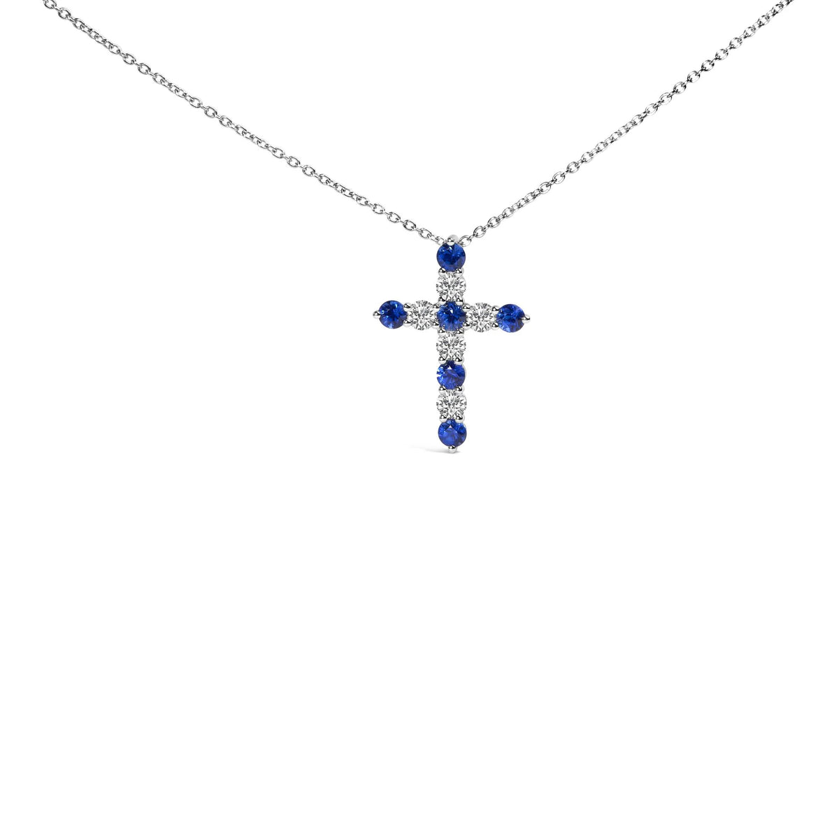 18K White Gold 1.0 Cttw Diamond and 3.5 MM Round Blue Sapphire 11 Stone Cross 18&quot; Pendant Necklace (F-G Color, VS2-SI1 Clarity)