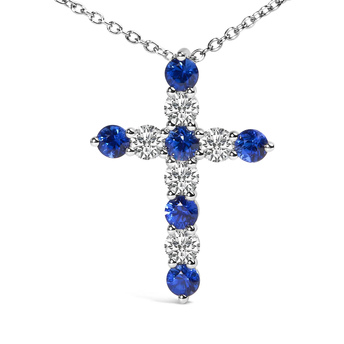 18K White Gold 1.0 Cttw Diamond and 3.5 MM Round Blue Sapphire 11 Stone Cross 18&quot; Pendant Necklace (F-G Color, VS2-SI1 Clarity)