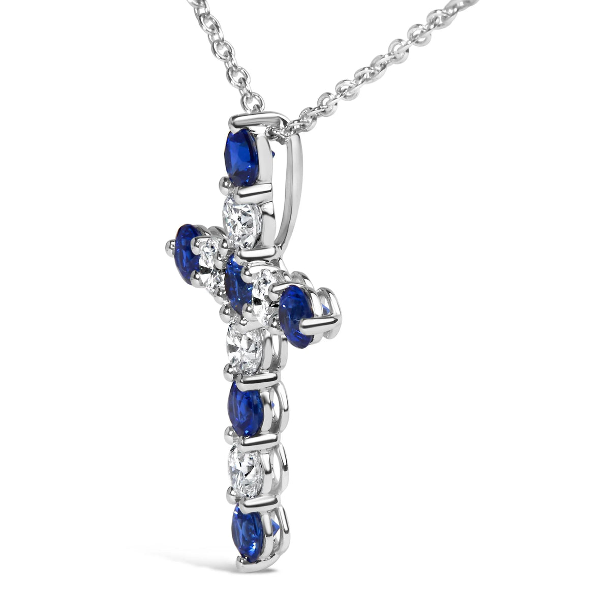 18K White Gold 1.0 Cttw Diamond and 3.5 MM Round Blue Sapphire 11 Stone Cross 18&quot; Pendant Necklace (F-G Color, VS2-SI1 Clarity)