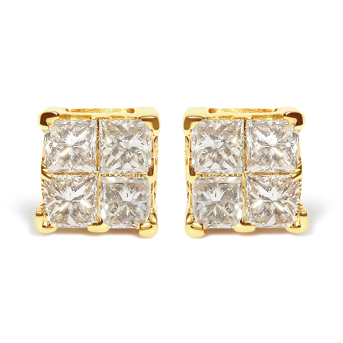 14K Yellow Gold 3/4 Cttw Invisible Set Princess-Cut Diamond 4 Stone Square Stud Earrings (J-K Color, SI2-I1 Clarity)