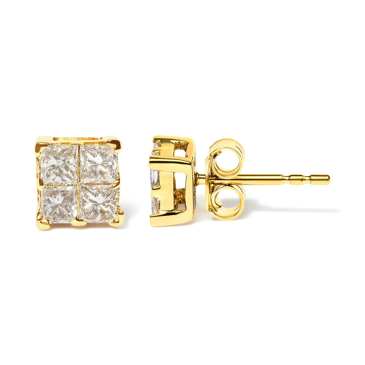 14K Yellow Gold 3/4 Cttw Invisible Set Princess-Cut Diamond 4 Stone Square Stud Earrings (J-K Color, SI2-I1 Clarity)