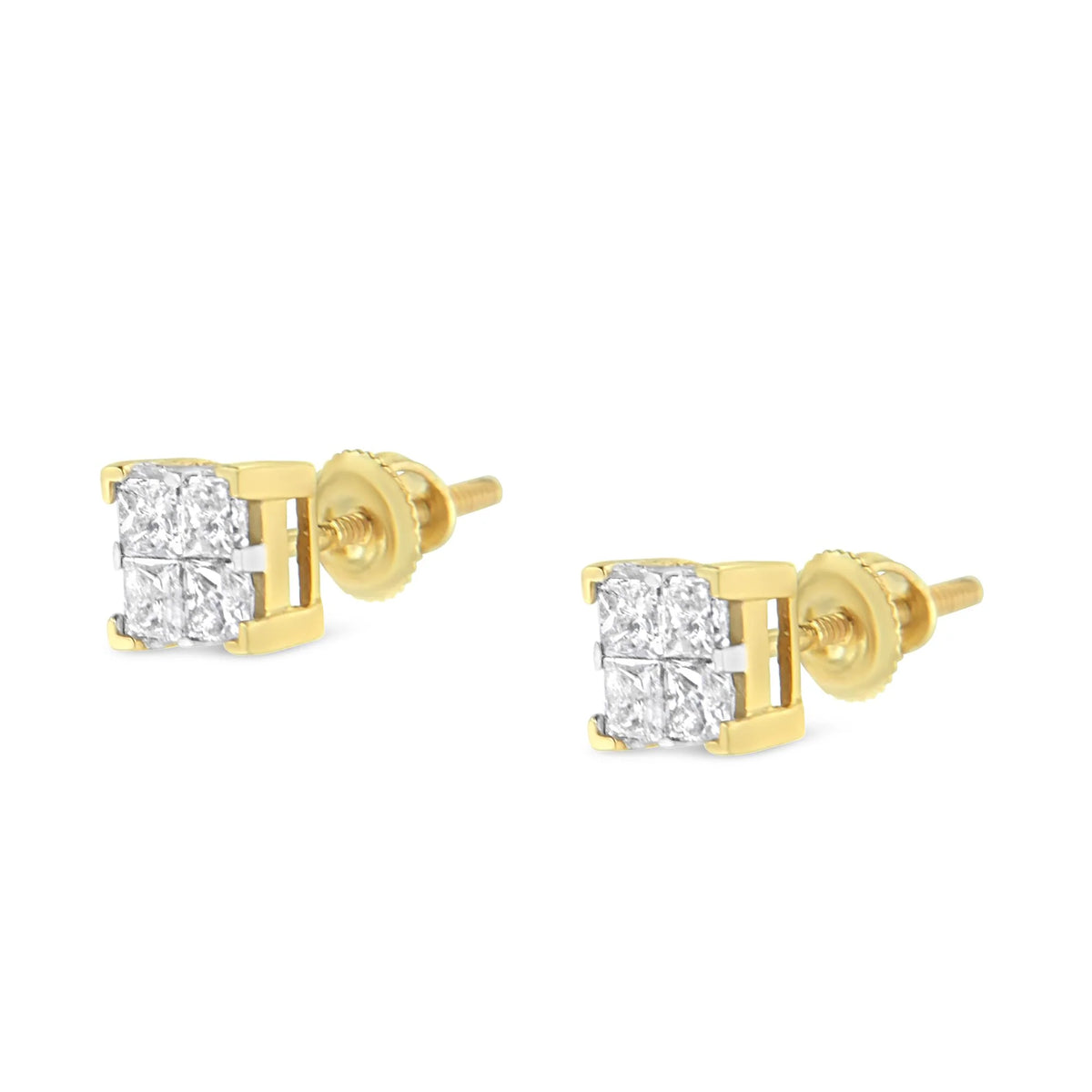 14K Yellow Gold 3/4 Cttw Invisible Set Princess-Cut Diamond 4 Stone Square Stud Earrings (J-K Color, SI2-I1 Clarity)