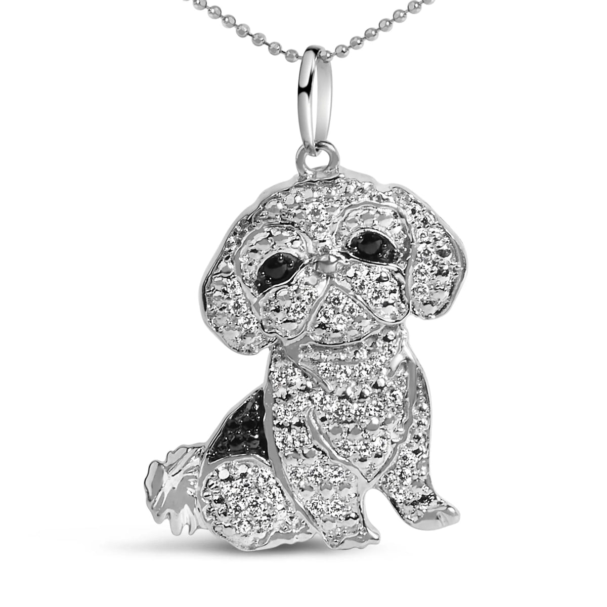 .925 Sterling Silver 1/2 Cttw White and Black Diamond Shih Tzu Dog 18&quot; Pendant Necklace (I-J Color, I2-I3 Clarity)