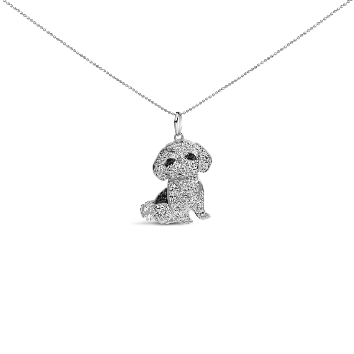 .925 Sterling Silver 1/2 Cttw White and Black Diamond Shih Tzu Dog 18&quot; Pendant Necklace (I-J Color, I2-I3 Clarity)