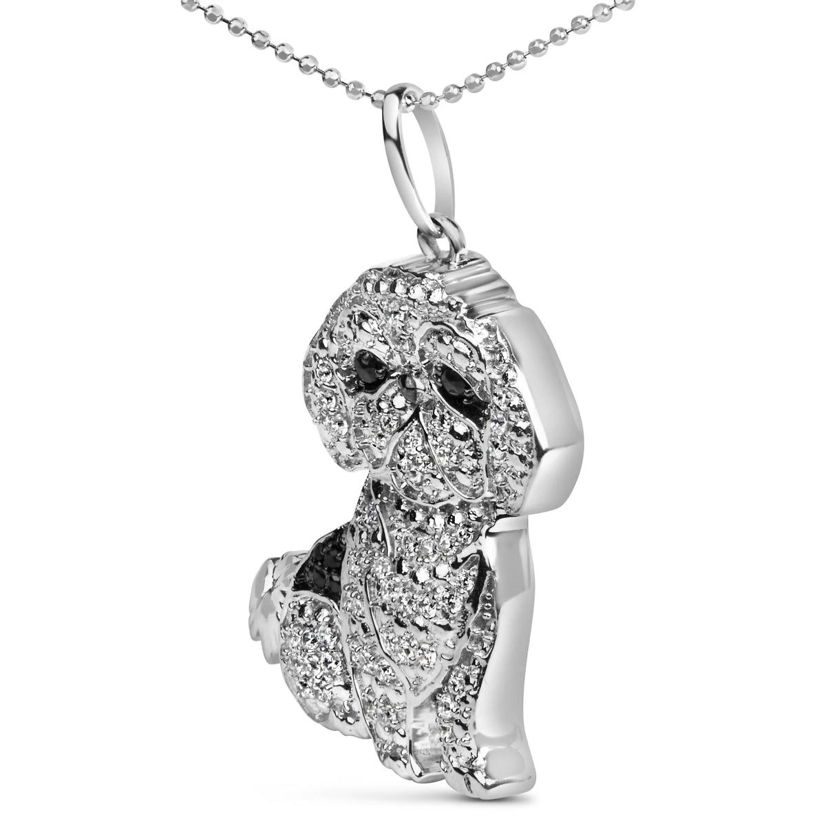 .925 Sterling Silver 1/2 Cttw White and Black Diamond Shih Tzu Dog 18&quot; Pendant Necklace (I-J Color, I2-I3 Clarity)