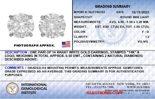 IGI Certified 14K White Gold 1.0 cttw 4-Prong Set Brilliant Round-Cut Solitaire Diamond Push Back Stud Earrings (F-G Color, I1-I2 Clarity)