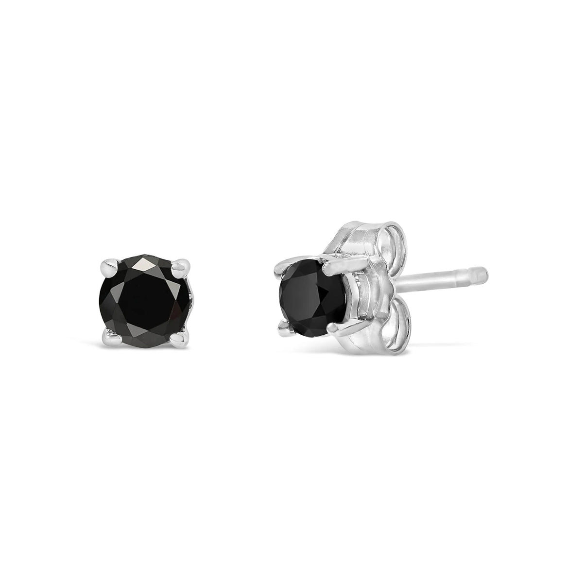 .925 Sterling Silver Black Diamond Solitaire Stud Earrings (Black Color, I2-I3 Clarity)