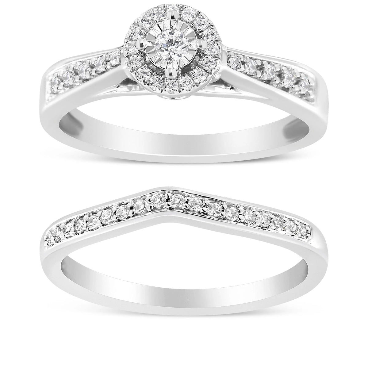 .925 Sterling Silver 1/3 Cttw Diamond Halo and Pave Shank Engagement Ring Set (I-J Color, I3 Clarity)