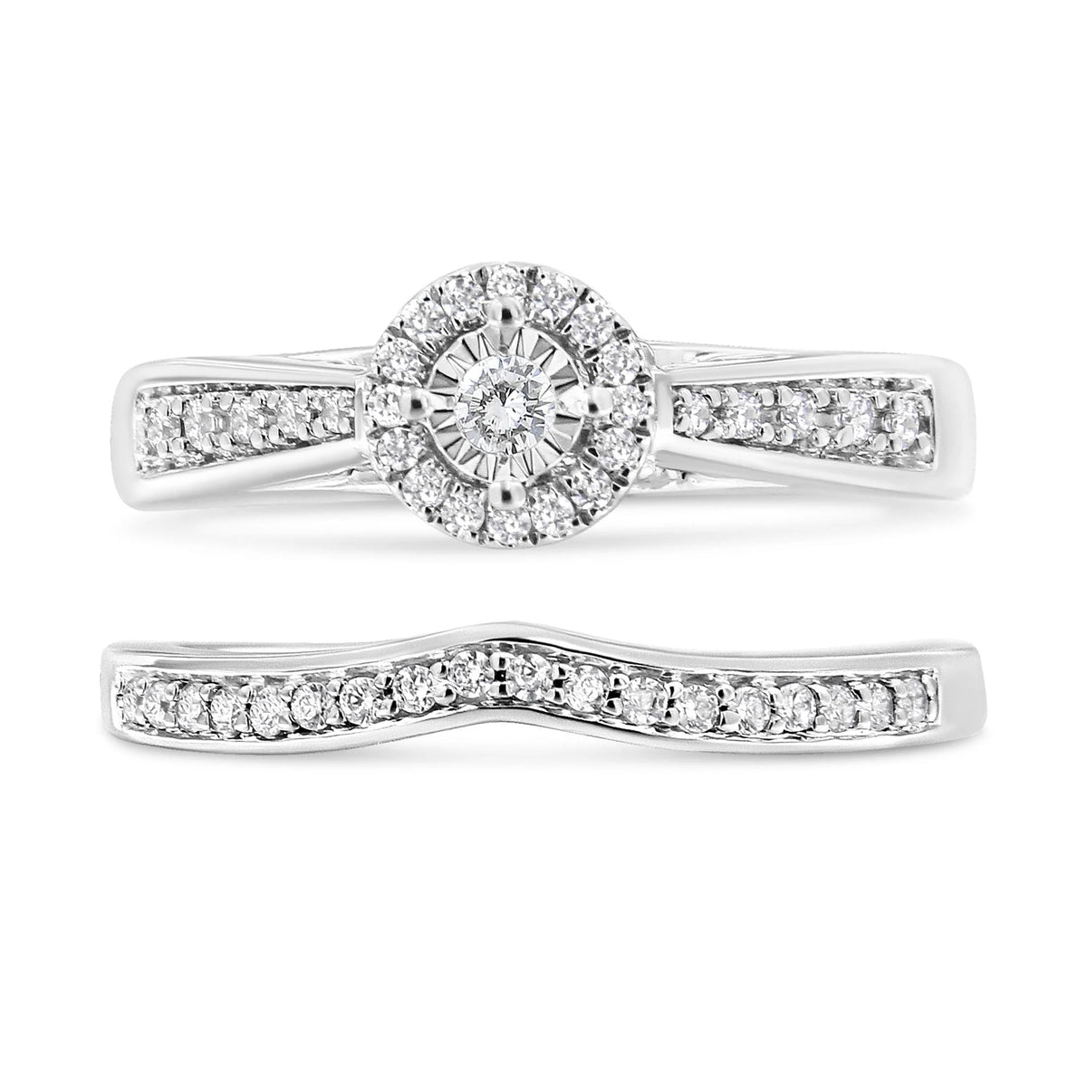 .925 Sterling Silver 1/3 Cttw Diamond Halo and Pave Shank Engagement Ring Set (I-J Color, I3 Clarity)