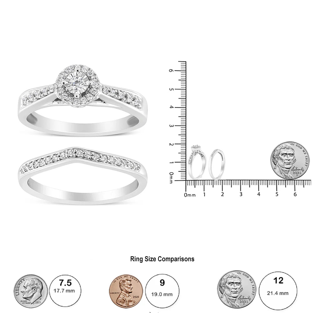 .925 Sterling Silver 1/3 Cttw Diamond Halo and Pave Shank Engagement Ring Set (I-J Color, I3 Clarity)