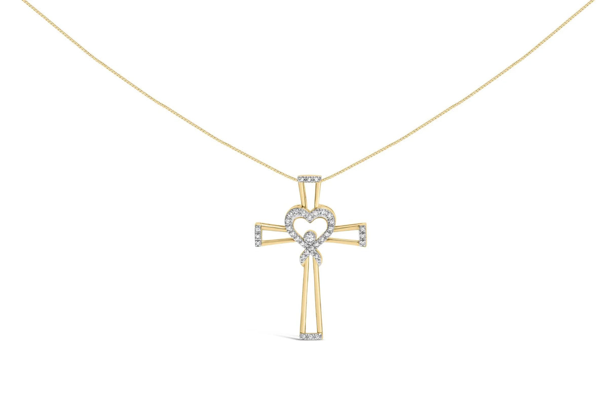 14K Yellow Gold Plated .925 Sterling Silver 1/6 Cttw Diamond Interlocking Heart and Ribbon Cross Pendant Necklace (H-I Color, I2-I3 Clarity) - 18&quot; Inches