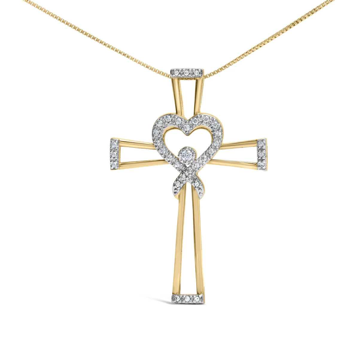 14K Yellow Gold Plated .925 Sterling Silver 1/6 Cttw Diamond Interlocking Heart and Ribbon Cross Pendant Necklace (H-I Color, I2-I3 Clarity) - 18&quot; Inches