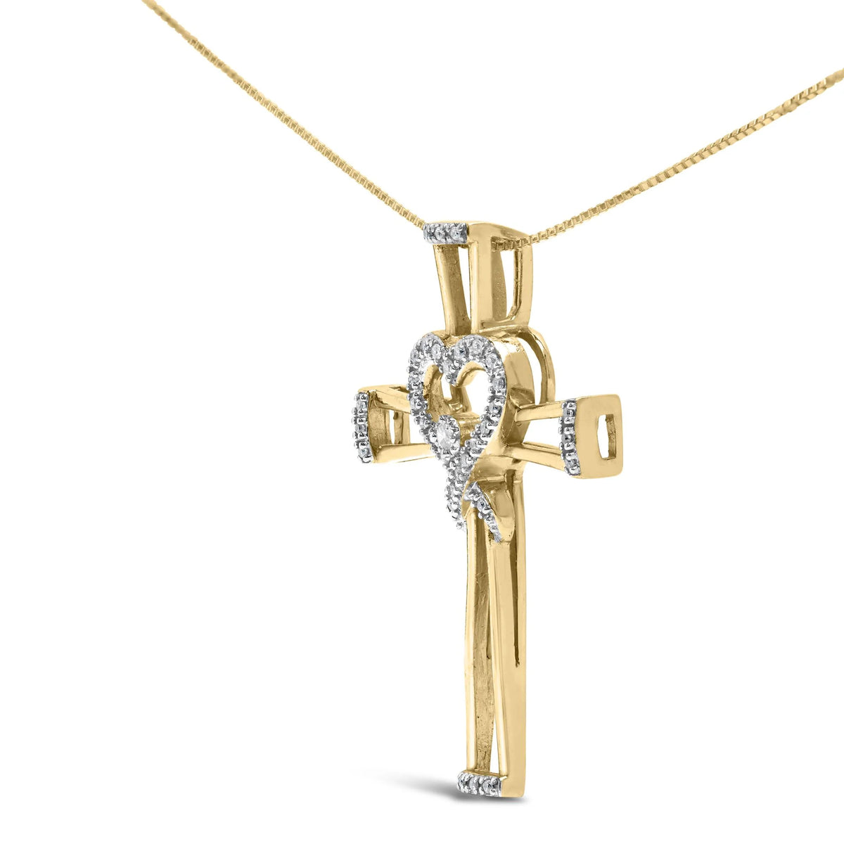 14K Yellow Gold Plated .925 Sterling Silver 1/6 Cttw Diamond Interlocking Heart and Ribbon Cross Pendant Necklace (H-I Color, I2-I3 Clarity) - 18&quot; Inches