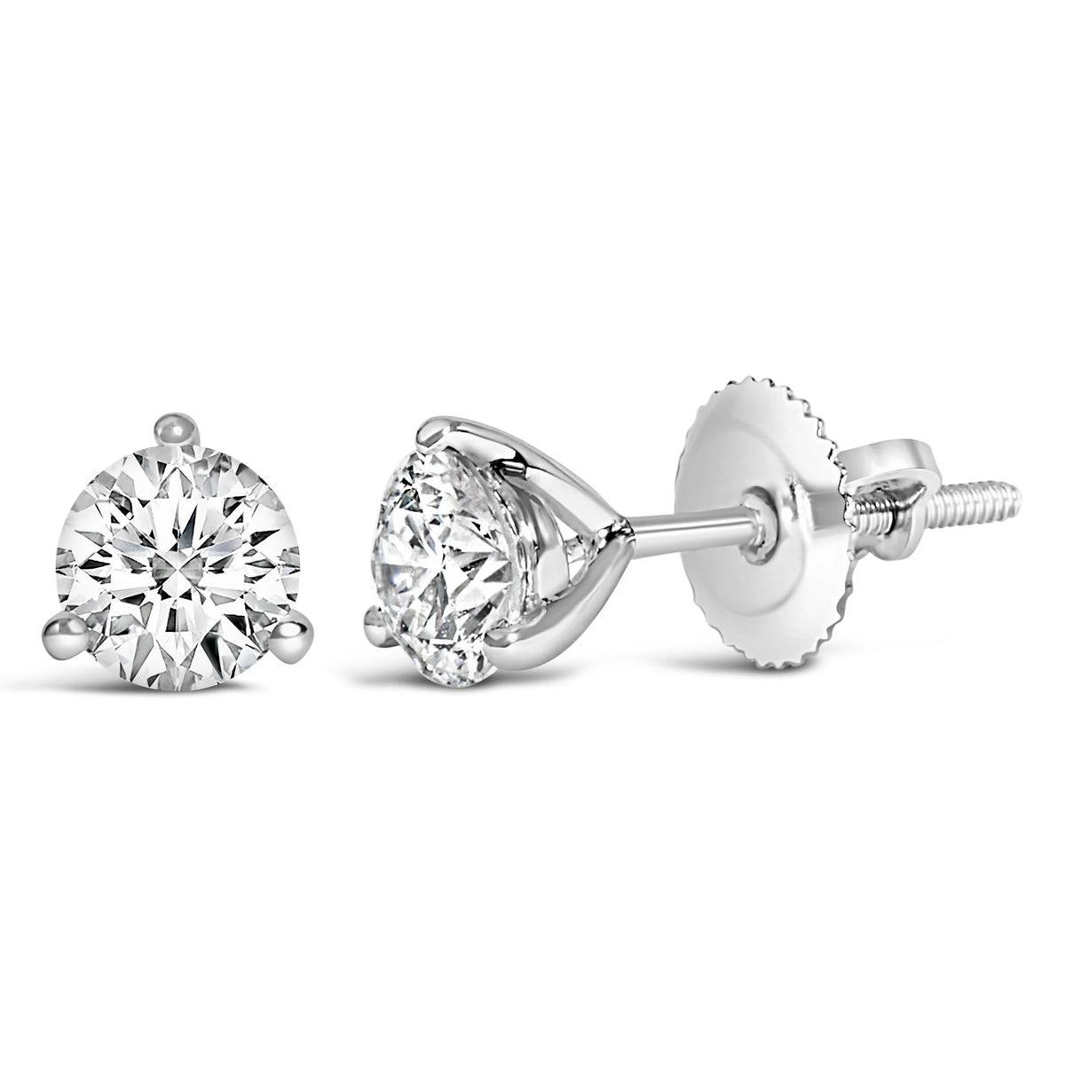 14K White Gold 3-Prong Martini Set Brilliant Round-Cut Solitaire Lab Grown Diamond Screwback Stud Earrings (F-G Color, VS1-VS2 Clarity)